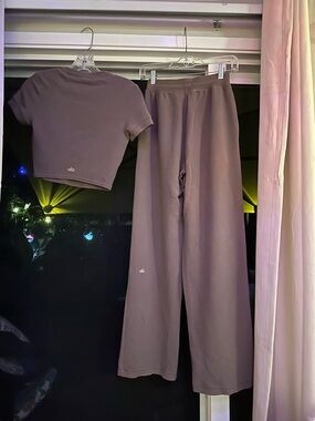 Cute ALO Yoga Micro Waffle Lounge Set Short Sleeve Top & Straight Leg Pant Cocoa